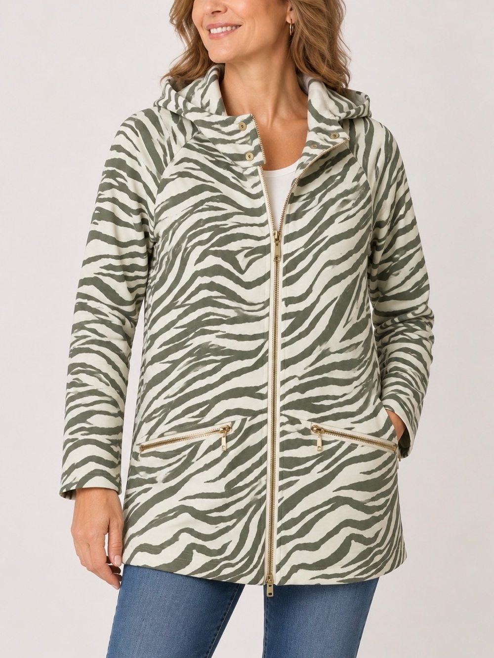 Weekends by Chico's Size 1 (M 8) Zebra Print Zip Up Hoodie Olive Green